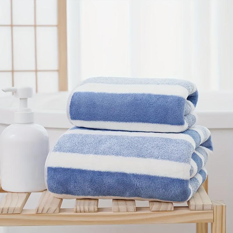 2pcs Striped Pattern Towel Set Soft Hand Towel Bath Towel Quick Drying