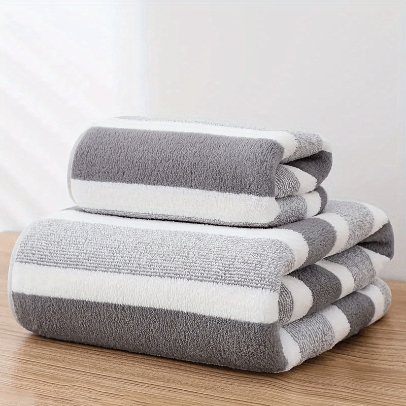 2pcs Striped Pattern Towel Set Soft Hand Towel Bath Towel Quick Drying