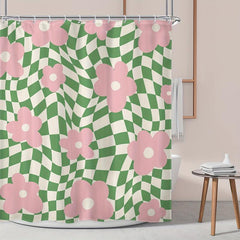 Flower Checkered Plaid Shower Curtain Waterproof Bathroom Decor Accessory