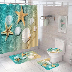 Beach Shell Starfish Shower Curtain Set Coastal Conch Coastal Starfish Wave