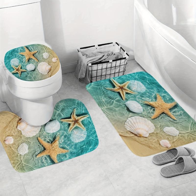 Beach Shell Starfish Shower Curtain Set Coastal Conch Coastal Starfish Wave