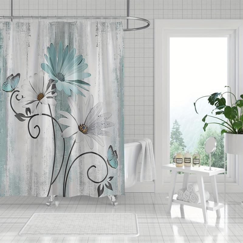 Floral Pattern Shower Curtain Waterproof Fabric Bathroom Decor