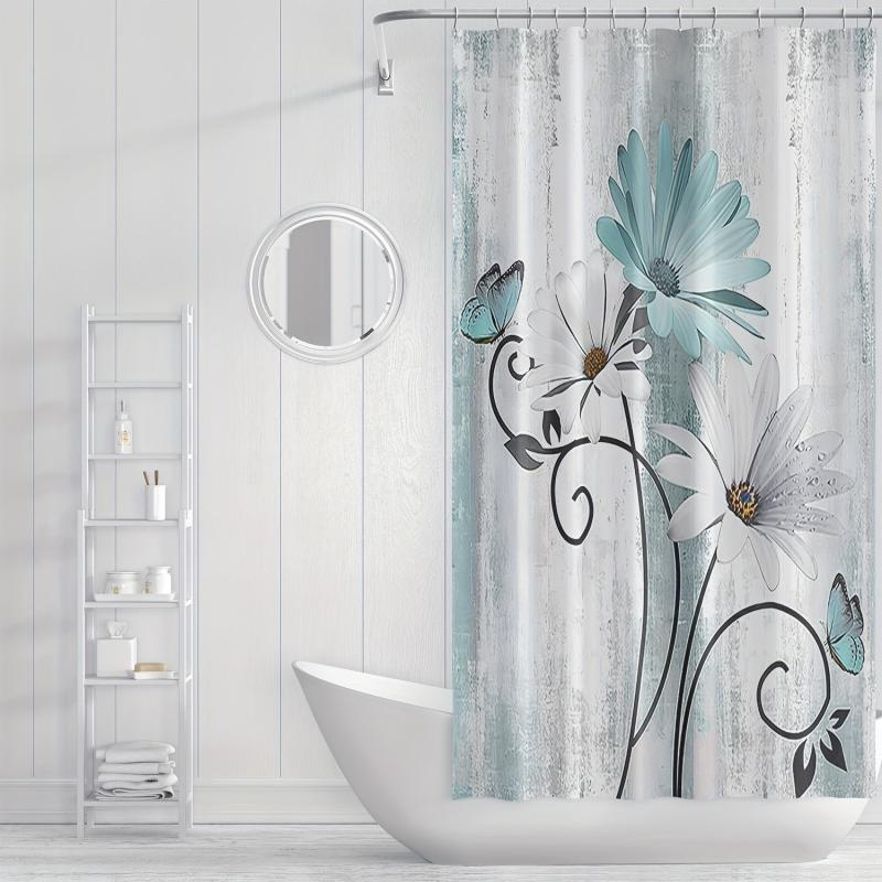 Floral Pattern Shower Curtain Waterproof Fabric Bathroom Decor