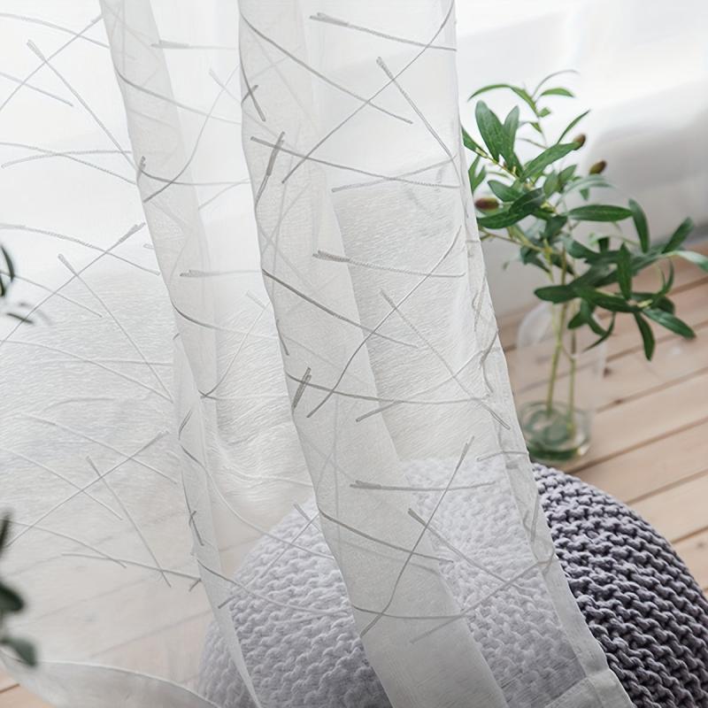 Line Embroidery Sheer Curtain Modern Geometric Window Rod Pocket - Home Decor