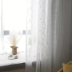Line Embroidery Sheer Curtain Modern Geometric Window Rod Pocket - Home Decor