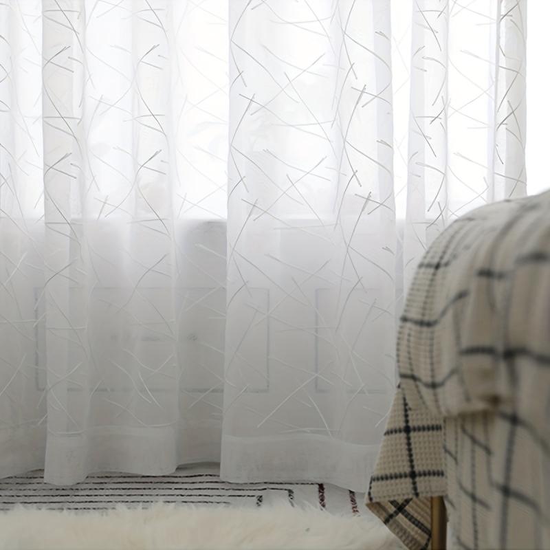 Line Embroidery Sheer Curtain Modern Geometric Window Rod Pocket - Home Decor