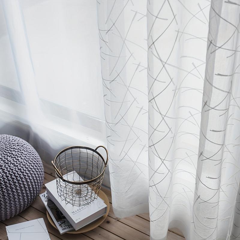 Line Embroidery Sheer Curtain Modern Geometric Window Rod Pocket - Home Decor