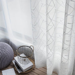 Line Embroidery Sheer Curtain Modern Geometric Window Rod Pocket - Home Decor