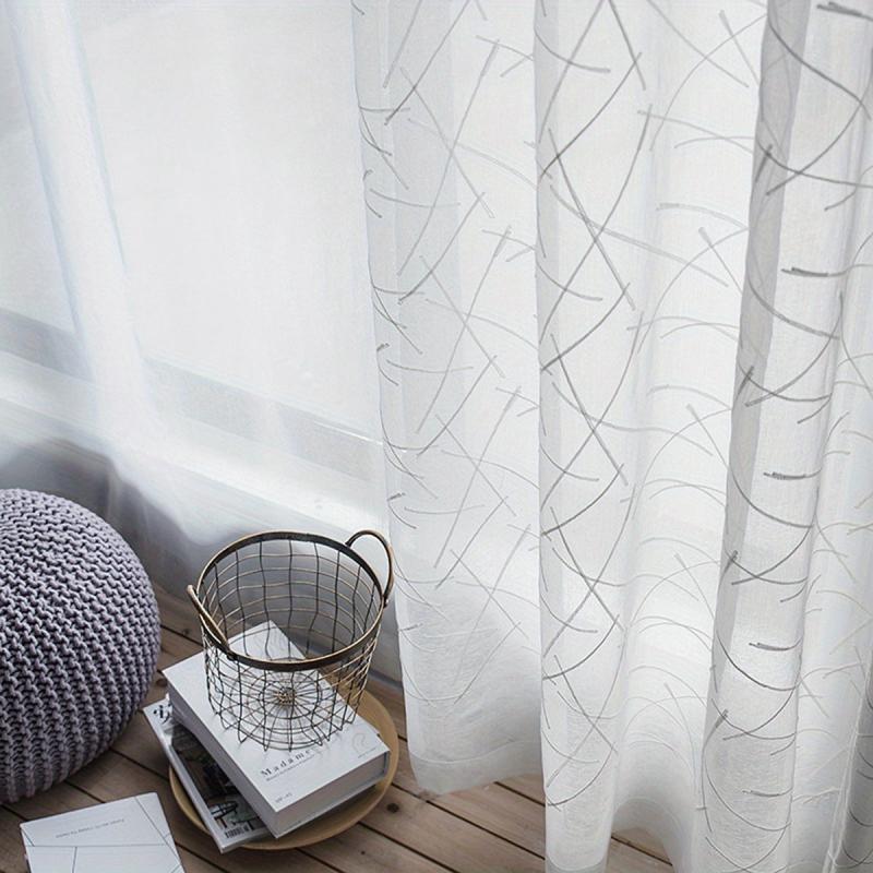 Line Embroidery Sheer Curtain Modern Geometric Window Rod Pocket - Home Decor