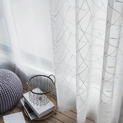Line Embroidery Sheer Curtain Modern Geometric Window Rod Pocket - Home Decor