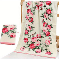 2pcs Flower Pattern Cotton Towel Quick Dry Absorbent Hand Towel Bath Towel