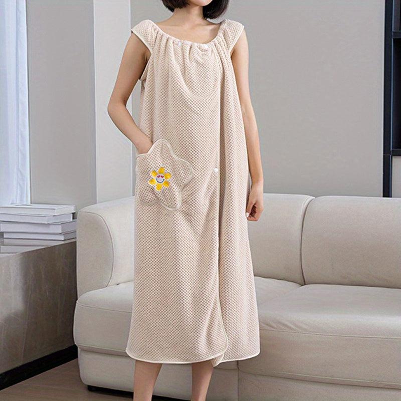 Thick Flower Pattern Bathrobe with Big Pocket, Absorbent Bathroom Towel
