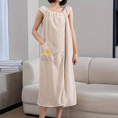 Thick Flower Pattern Bathrobe with Big Pocket, Absorbent Bathroom Towel
