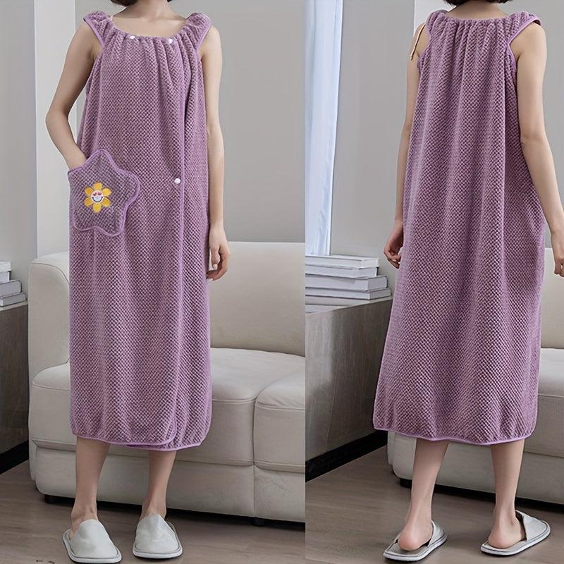 Thick Flower Pattern Bathrobe with Big Pocket, Absorbent Bathroom Towel