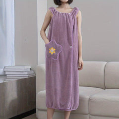 Thick Flower Pattern Bathrobe with Big Pocket, Absorbent Bathroom Towel