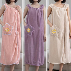 Thick Flower Pattern Bathrobe with Big Pocket, Absorbent Bathroom Towel