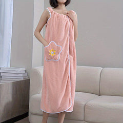Thick Flower Pattern Bathrobe with Big Pocket, Absorbent Bathroom Towel