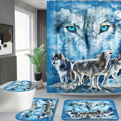 3 4pcs Three Wolfs Bathroom Shower Curtain Waterproof with Hooks