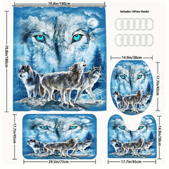 3 4pcs Three Wolfs Bathroom Shower Curtain Waterproof with Hooks
