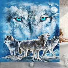 3 4pcs Three Wolfs Bathroom Shower Curtain Waterproof with Hooks