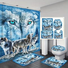 3 4pcs Three Wolfs Bathroom Shower Curtain Waterproof with Hooks