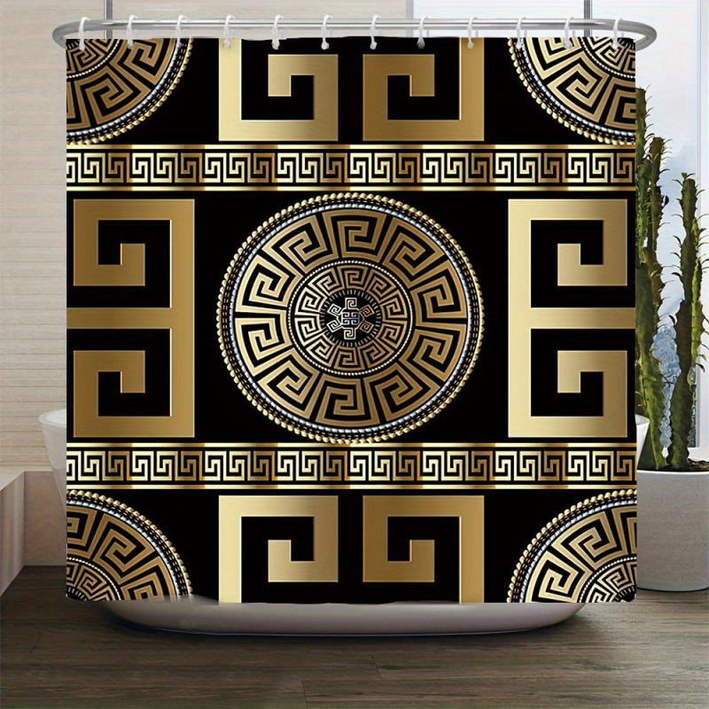 3pcs Greek Key Sinuous Shower Curtain & Bath Mat Set with Hooks