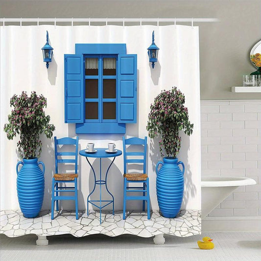Greek Summer House Pattern Shower Curtain With Hooks