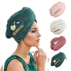 Flower Embroidered Hair Towel Button Coral Fleece Hair Wrap Towel Women Bath