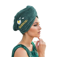 Flower Embroidered Hair Towel Button Hair Drying Cap