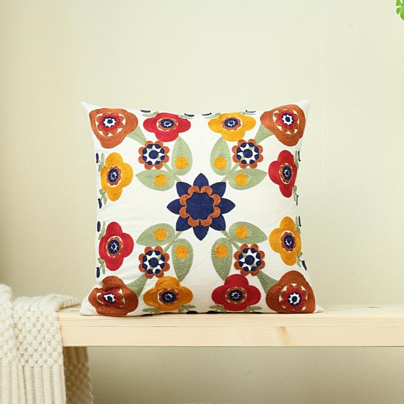 Cotton Canvas Flower Embroidery Pillow Cover for Home Decor