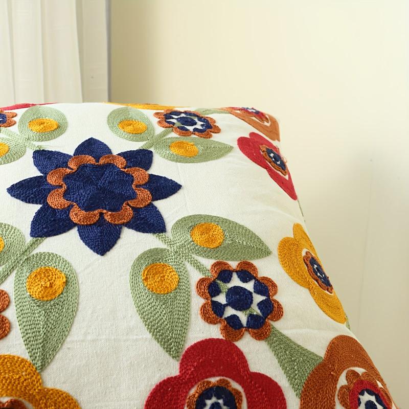 Cotton Canvas Flower Embroidery Pillow Cover for Home Decor
