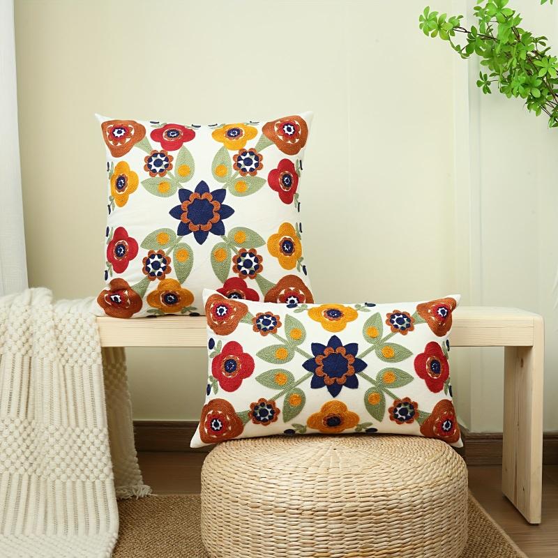 Cotton Canvas Flower Embroidery Pillow Cover for Home Decor