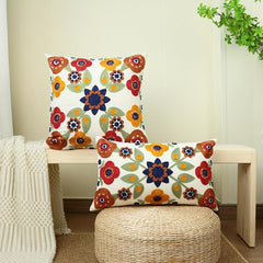 Cotton Canvas Flower Embroidery Pillow Cover for Home Decor