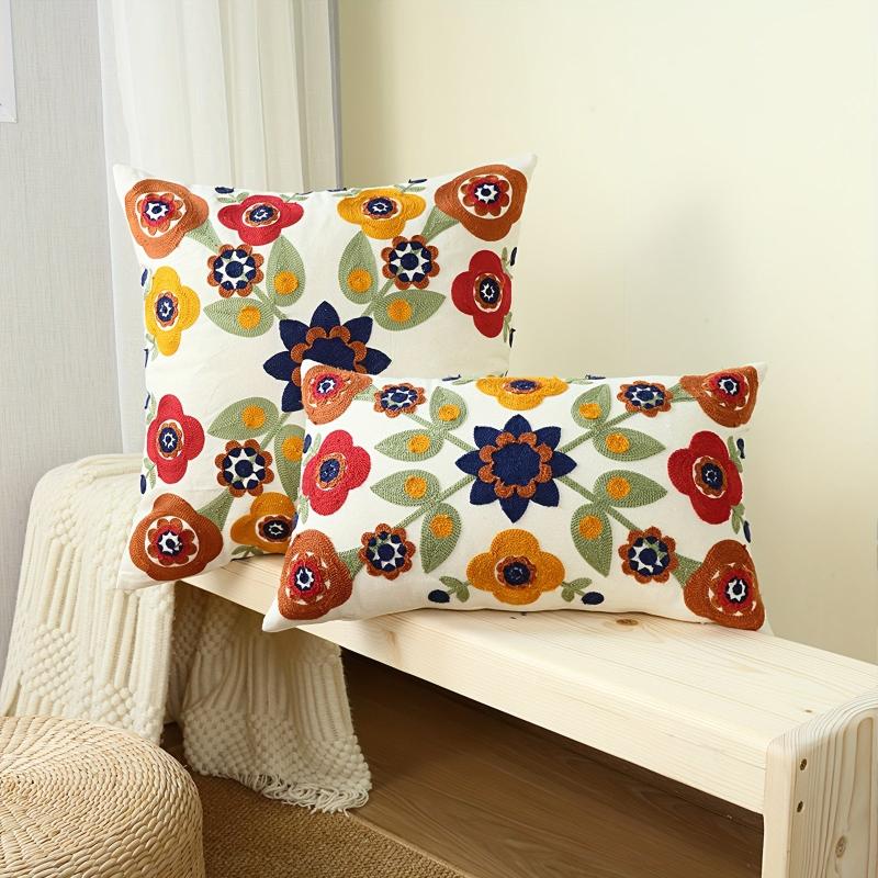 Cotton Canvas Flower Embroidery Pillow Cover for Home Decor