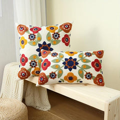 Cotton Canvas Flower Embroidery Pillow Cover for Home Decor