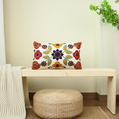 Cotton Canvas Flower Embroidery Pillow Cover for Home Decor