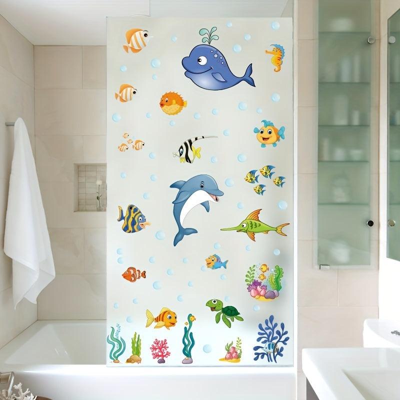 Ocean Fish Dolphin Stained Glass Privacy Film Non-Adhesive UV Blocking