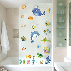 Ocean Fish Dolphin Stained Glass Privacy Film Non-Adhesive UV Blocking