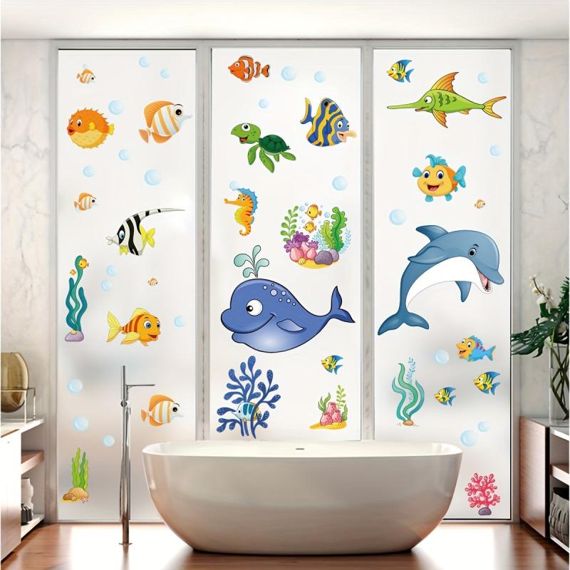 Ocean Fish Dolphin Stained Glass Privacy Film Non-Adhesive UV Blocking