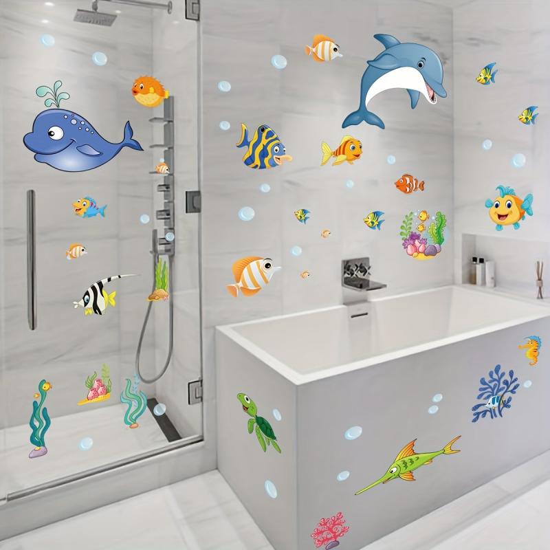 Ocean Fish Dolphin Stained Glass Privacy Film Non-Adhesive UV Blocking