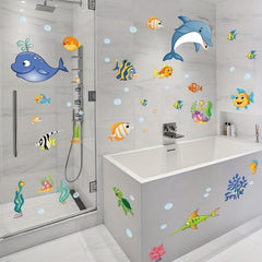 Ocean Fish Dolphin Stained Glass Privacy Film Non-Adhesive UV Blocking