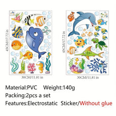 Ocean Fish Dolphin Stained Glass Privacy Film Non-Adhesive UV Blocking
