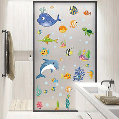 Ocean Fish Dolphin Stained Glass Privacy Film Non-Adhesive UV Blocking