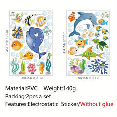 Ocean Fish Dolphin Stained Glass Privacy Film Non-Adhesive UV Blocking