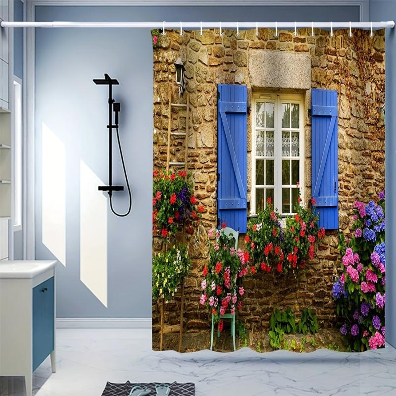 Polyester Waterproof 3D Garden Shower Curtain 182x182cm with 12 Hooks