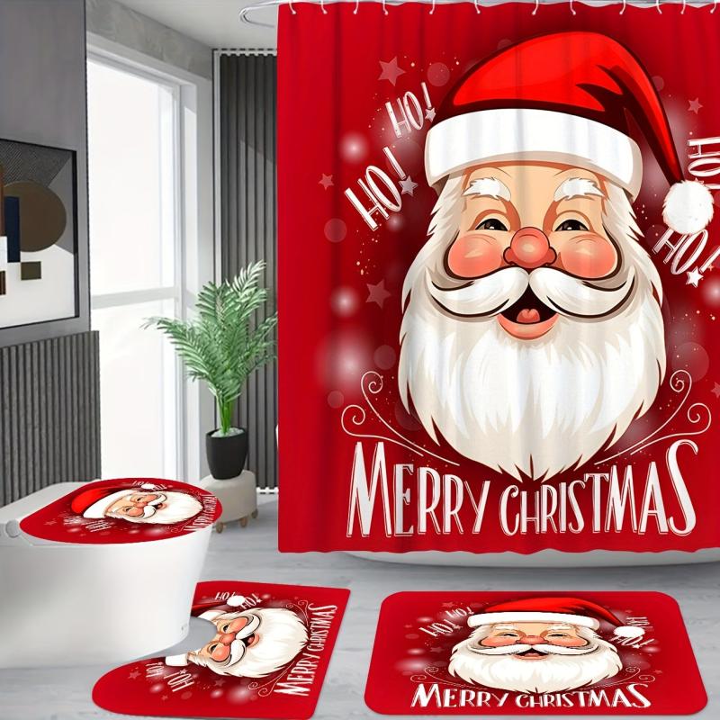 Santa Claus Bathroom Set Waterproof Curtain & 12 Hooks Bathroom Rug Toilet Mat