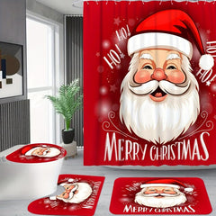 Santa Claus Bathroom Set Waterproof Curtain & 12 Hooks Bathroom Rug Toilet Mat