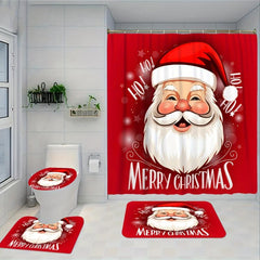 Santa Claus Bathroom Set Waterproof Curtain & 12 Hooks Bathroom Rug Toilet Mat