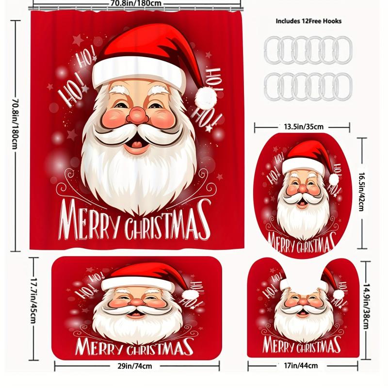 Santa Claus Bathroom Set Waterproof Curtain & 12 Hooks Bathroom Rug Toilet Mat