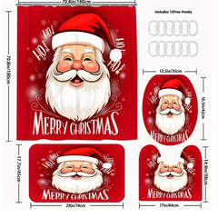 Santa Claus Bathroom Set Waterproof Curtain & 12 Hooks Bathroom Rug Toilet Mat